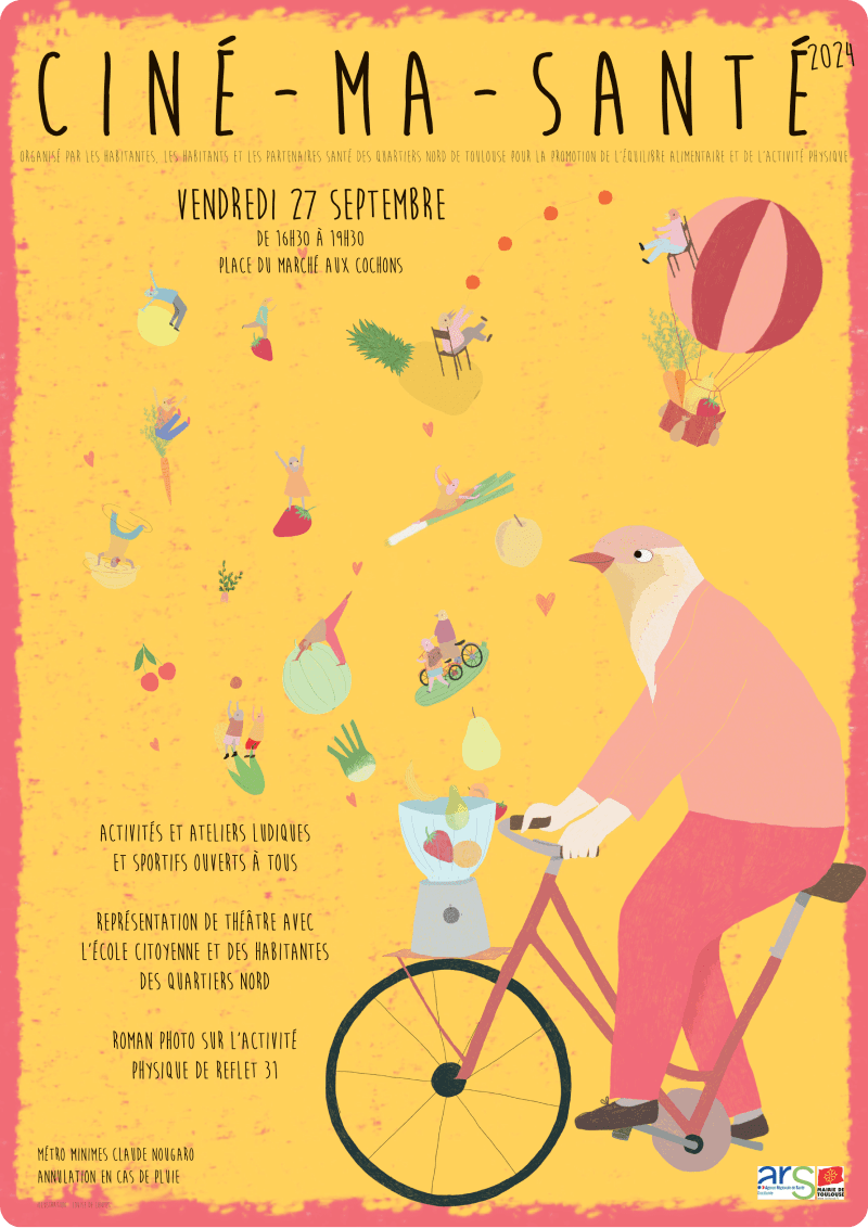 Affiche qui présente l'évènement Ciné Ma Santé 2024 avec une illustration d'oiseau personnifié en Homme et en train de faire du vélo smoothie, activité proposée par l'évènement