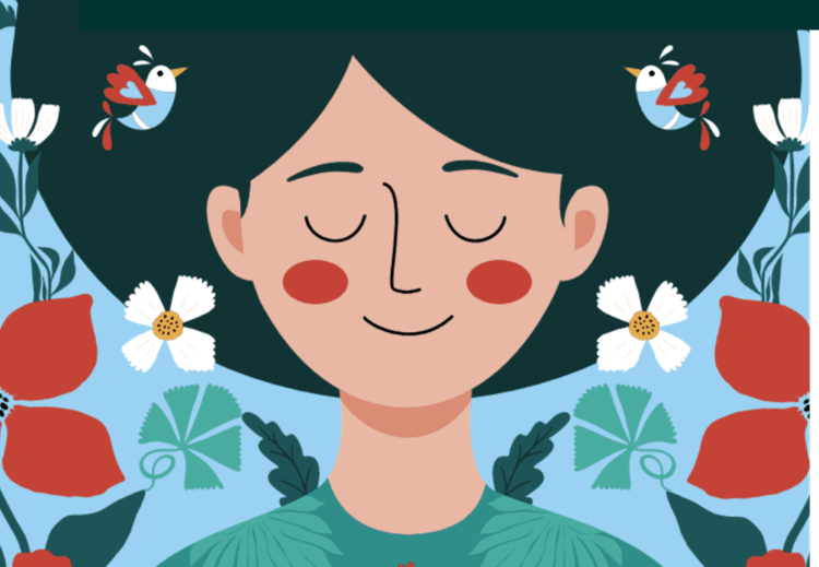 Affiche qui présente une illustration d'une jeune fille souriante, sereine et apaisée. De part et d'autre d'elle se trouve des oiseaux et des fleurs