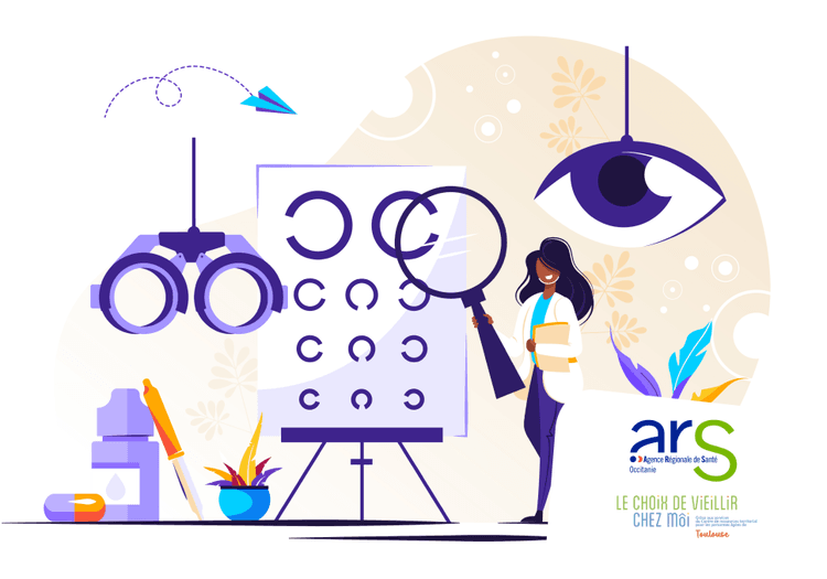 Sur l'image, nous pouvoir voir une illustration d'un bilan ophtalmique ainsi qu'en bas à droite, les logos de l'ARS et du CRT toulousain.