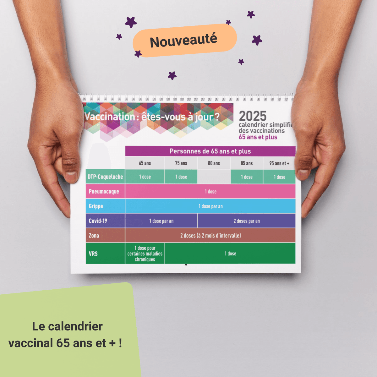 Sur l'image, nous pouvons voir une personne qui présente un calendrier vaccinal 2025 à destination des personnes de 65 ans et plus ! Nous pouvons également voir écrit " Nouveautés" et " Le calendrier vaccinal pour les personnes de 65 ans et plus !"