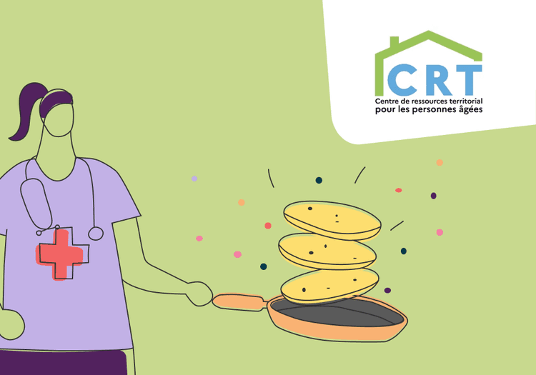 Sur l'image, nous pouvons voir un personnage illustratif représentant une professionnelle de santé réalisant des crêpes. En bas à droite, nous pouvons voir le logo du CRT Toulousain.