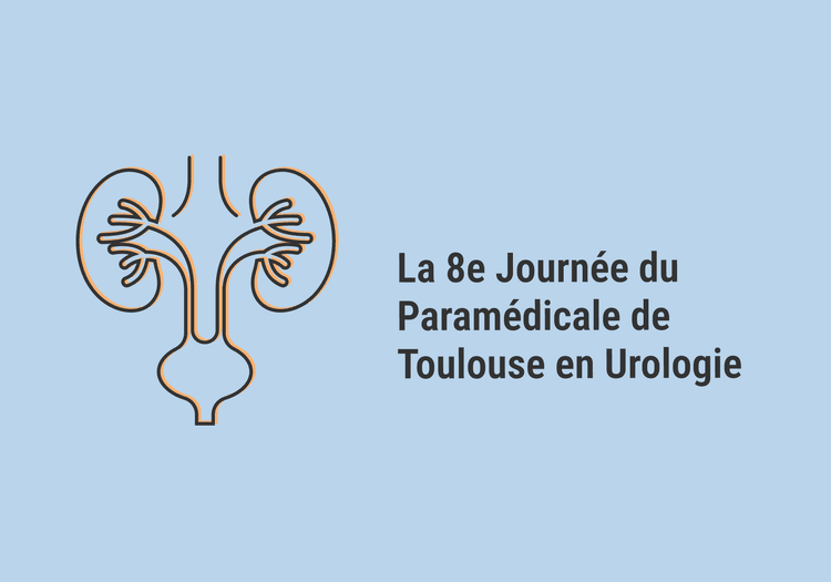 Sur l'image, nous pouvons voir une représentation de l'appareil urologique humain à gauche de l'image. A droite, nous pouvons lire " La 8e journée du Paramédicale de Toulouse en Urologie.