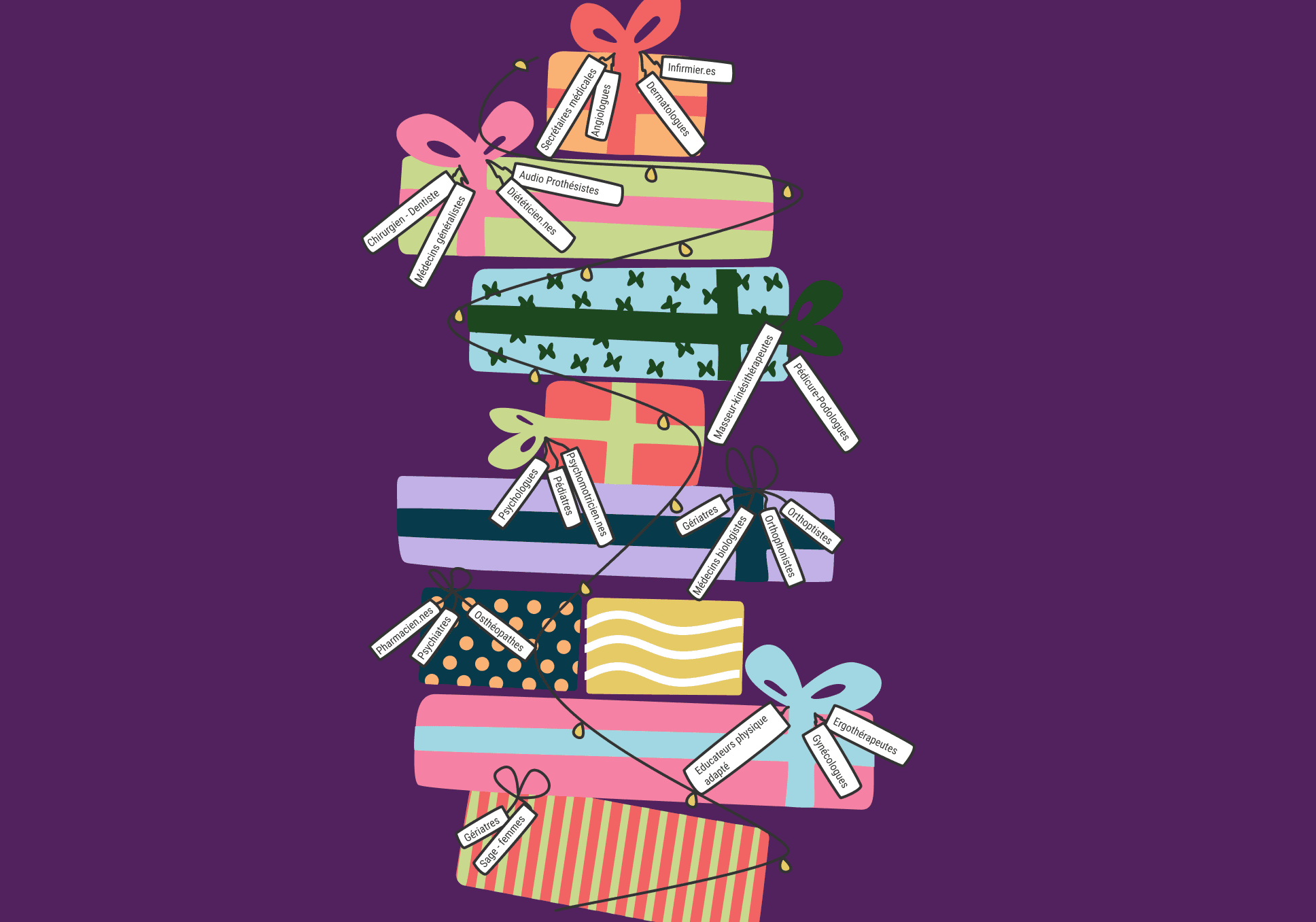 Sur l'image, nous pouvons voir un sapin de cadeaux empilé avec une guirlande qui fait tout le tour.