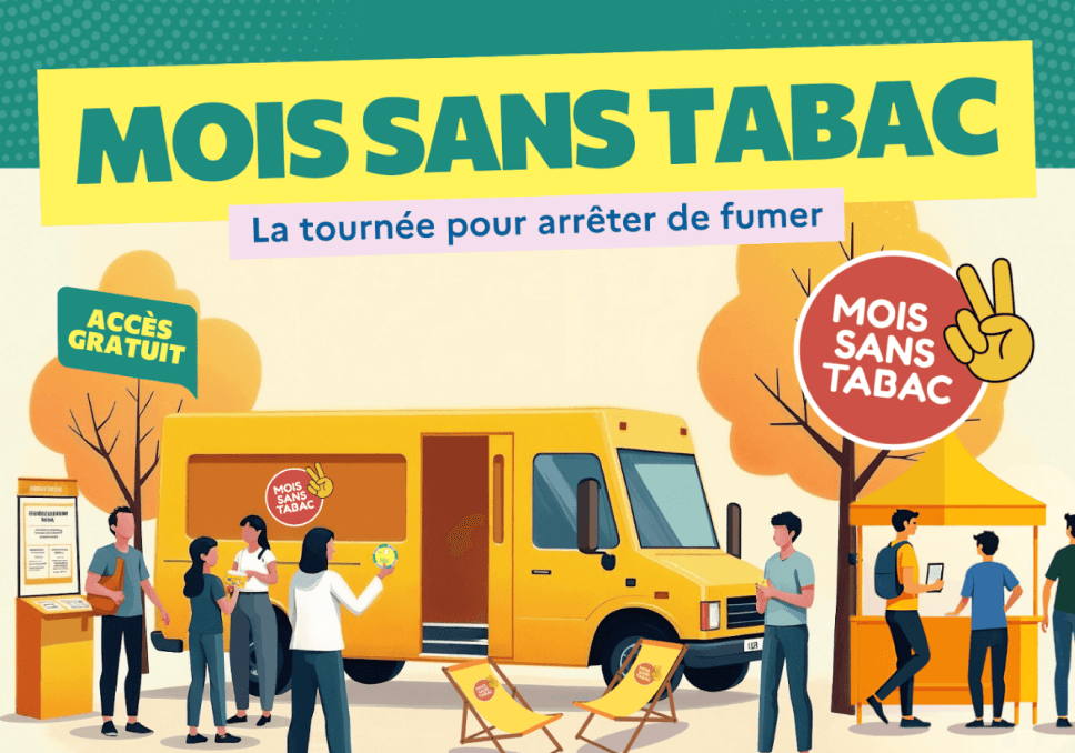 Sur l'image, nous pouvons voir écrit " Mois sans tabac, la tournée pour arrêter de fumer, accès gratuit"