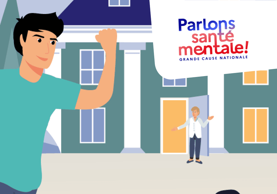 Sur l'image, nous pouvons voir le logo de "Parlons Santé mentale" en haut à droite avec une illustration ) gauche avec un bonhomme qui fait coucou à une autre personne plus en fond de l'image.