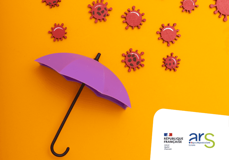 Sur l'image, nous pouvons voir un parapluie qui protège des virus qui tombent. Sur le côté droit, nous pouvons voir le logo de l'ARS.